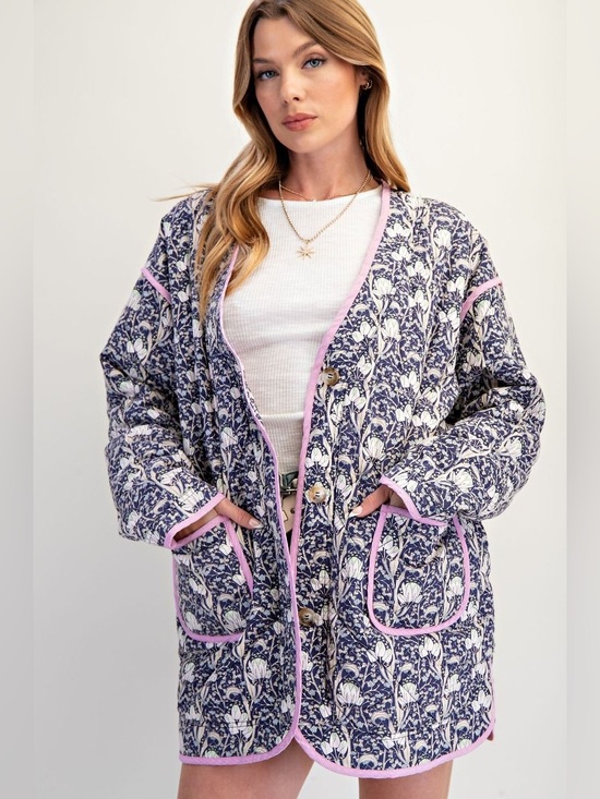 easel Jackets & Blazers - Easel Blueberry Cotton Print Quilted Jacket